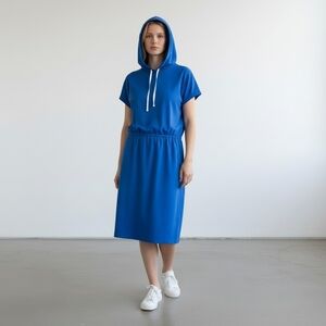 J Jason Wu Hooded Midi Dress 1X Blue Drawstring Casual Athleisure Pockets